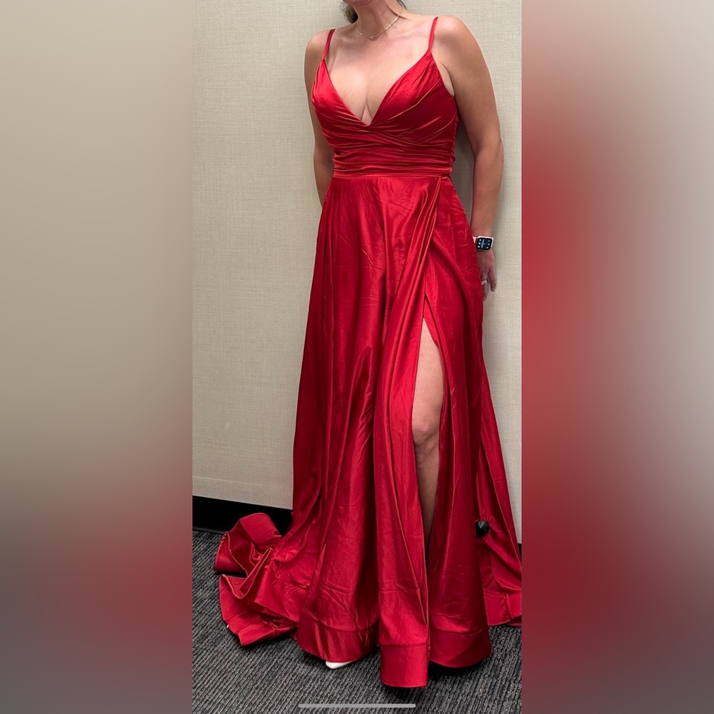 La Femme Red Satin Deep V-neck A-line Gown Formal Gown Prom Size 12 - Picture 8 of 10